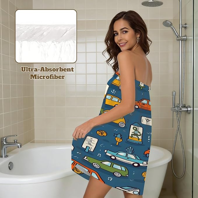Women's Bath Wrap Cartoon Cars Pattern Absorbent Shower Spa Body Bath Robe Wraps Bathrobe Towel with Adjustable Closure