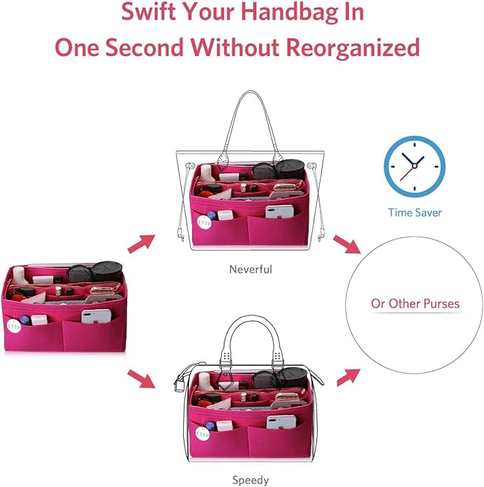 Purse Organizer Insert, Felt Tote Organizer Insert With Metal Zipper, Handbag Organizer For Speedy, Neverfull, Tote, Handbag, 7 Colors 5 Sizes