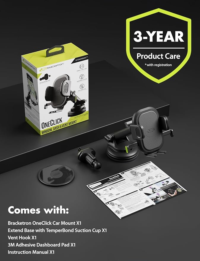 Bracketron 3-in-1 Universal Car Phone Mount - Dashboard, Windshield & Air Vent Cell Phone Holder for Truck - Easy One-Touch Hands-Free Clamp, Heavy Duty Suction Cup, 360 Rotation Telescoping Arm