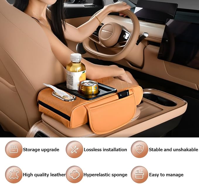 Car Armrest Cushion,5-in-1 Center Console Cover with 2 Storage Bags Cup Holder, Tissue Box Slot, Phone Slot for Sedans, Car Accessories Interior Organizers (Pink)