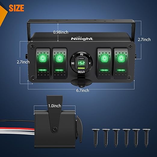 Nilight 4 Gang Rocker Switch Box 12V SPST ON Off Toggle Switches PD Type C and QC 3.0 USB Charger Voltmeter LED Light Waterproof Aluminum Mount Bracket Panel DIY Stickers for Boat Car RV Truck