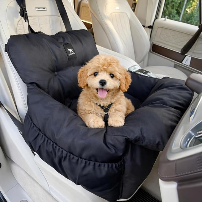 JACKO & CO Premium Dog Car Seat – Safe & Cozy Travel Bed and Carrier for Small Dogs, Puppies, Pets up to 25 lbs, Clip-On Leash & Storage Pockets, Water-Resistant, Machine Washable (Black, Small)