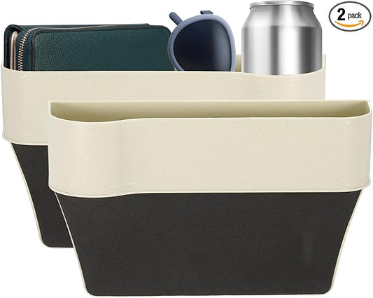 HARFINGTON 2pcs Car Seat Gap Filler Organizer 10.2 x 6.5 x 2.4 Inch ABS Universal Car Organizer Storage Box Between Seat and Console (Left+Right) with Cup Holders for Phone Keys, Beige