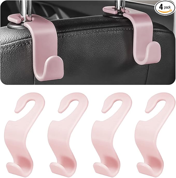 8sanlione Car Back Seat Headrest Hooks, 4PCS Vehicle Backseat Storage Organizer Hanger, Auto Headrest Hidden Hook Universal for Handbag Purse Backpacks Bags and Groceries (Light Pink)