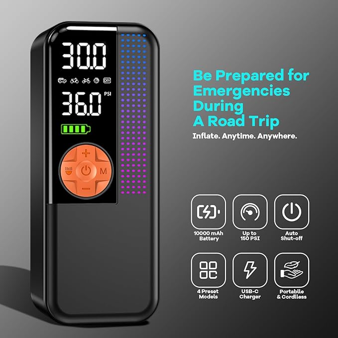 WEOLULI Tire Inflator Portable Air Compressor,150 PSI Cordless Air Pump, 12V DC Car Plug,Dual Power 10000mAh, Fast Inflation 24L/Min, 4 Preset Modes for Car, Bike, Motorcycle, Balls(Orange, 10000mAh)