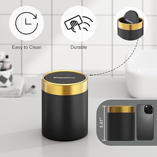 Desktop Trash can with Lid,0.4 Gal Stainless Steel Counter Top Trash Can Mini Bathroom Trash Can for Car,Office,Kitchen,Desk,a Roll of Trash Bag(Black)