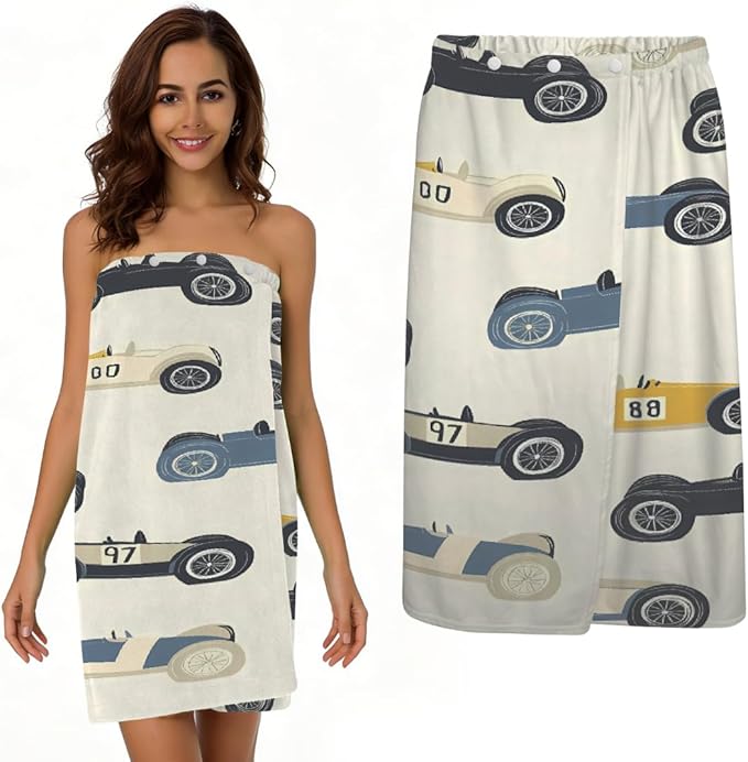 Women's Bath Wrap Vintage Race Cars Print Absorbent Shower Spa Body Bath Robe Wraps Bathrobe Towel with Adjustable Closure