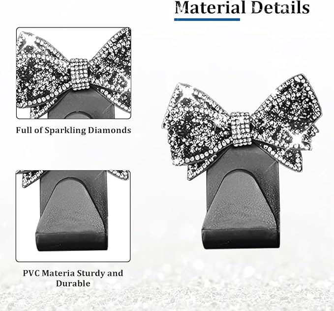 2PCS Bling Bow Car Seat Headrest Hook, Lovely Crystal Rhinestone Back Seat Storage Organizer for Handbag Purse Coat, Girly Sparkling Diamond Backseat Bag Hanger Holder, Universal Fit (Black)