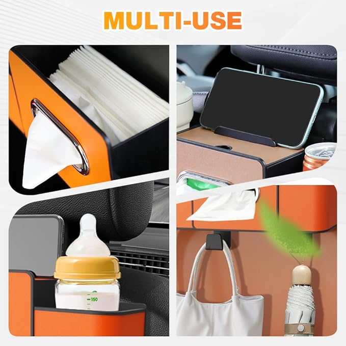 Back Seat Car Organizer,3 in 1 Car Backseat Storage Box with Cup Holder,Tissue Box,Trash Bin&Hooks,Multifunctional Waterproof Storage for Hold Phones Snacks Drinks Handbags (1, Orange)