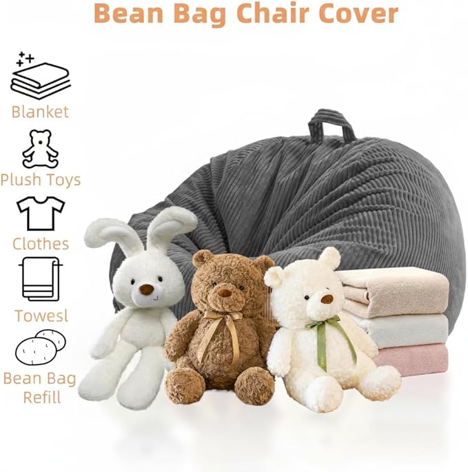 Stuffed Animal Storage Bean Bag Cover (No Filler), Corduroy Kids & Toddler Bean Bag Chair for Teens & Adults, Toy Storage Organizer, Comfy Sofa for Playroom (Dove Gray, Kids (Cover Only）)
