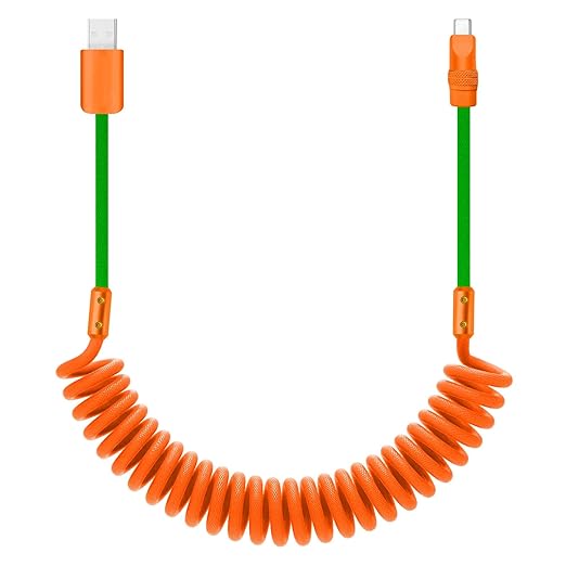 chubbycable Curly Chubby 240W Coiled USB C Cable Retractable Fast Charging Cable for Car Charger Cord Compatible with iPhone 17-15 Series, Orange+Dark Green, Type-C to Type-C, 2.29FT-3.6FT