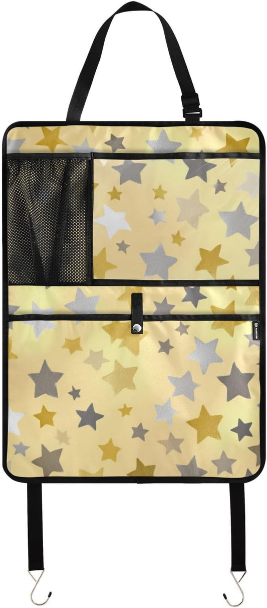 1 Pack Back Seat Car Organizer with Storage Pockets Kick Mats Back Seat Protector Hanging Car Organizer Automotive Seat Back Cover Organizers Cute Silver and Golden Stars
