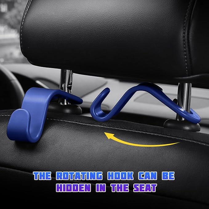 Car Seat Headrest Hooks, 4PCS Multifunctional Vehicle Back Seat Storage Hanger Holder for Hangbag Coat Grocery, Auto Interior Headrest Hook Organizer, Universal for Vehicles (Blue)