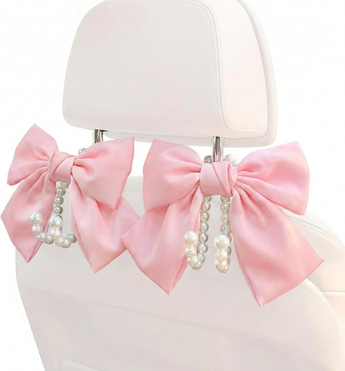 2PCS Satin Bow Pearl Car Seat Headrest Hooks – Car Bag Holder & Vehicle Hanger for Purses – Cute Coquette Aesthetic Interior Decoration – Cute Auto Organizer Accessories Universal for SUV, Truck(Pink)