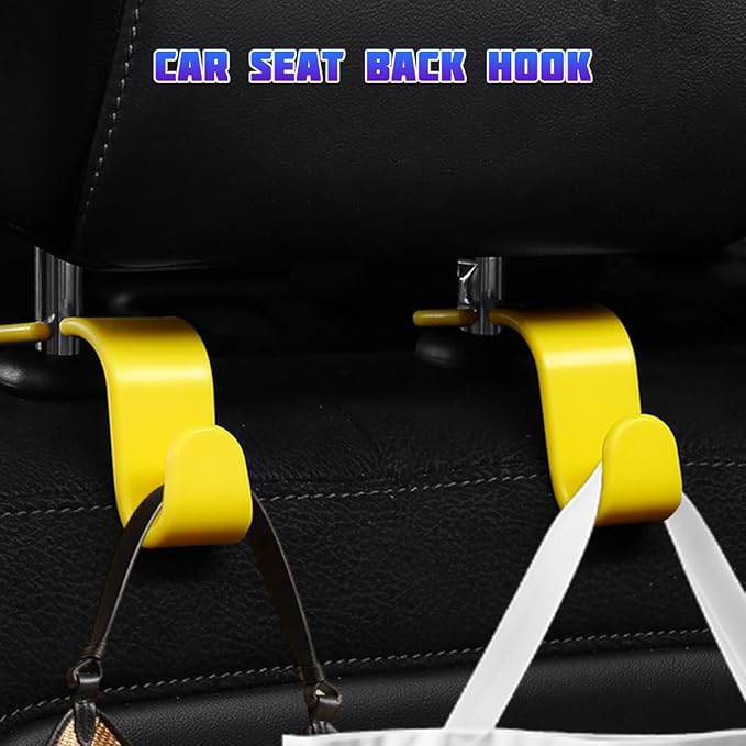 Car Seat Headrest Hooks, 4PCS Multifunctional Vehicle Back Seat Storage Hanger Holder for Hangbag Coat Grocery, Auto Interior Headrest Hook Organizer, Universal for Vehicles (Yellow)