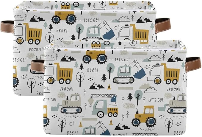 Wamika Excavator Truck Storage Basket Fabric Kitchen Baskets Cars Boys Open Home Storage Bins Boxes Foldable Organizer Bag for Baby Cloth Book Shelf Closet Baskets 16×12×8 Inches