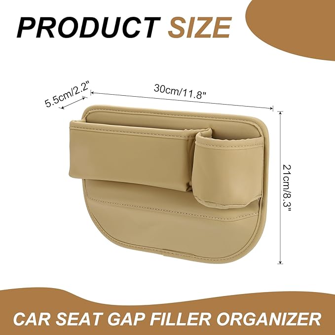 HARFINGTON Car Seat Gap Filler Organizer 11.8 x 8.3 x 2.2 Inch PU Universal Car Organizer Storage Box Between Seat and Console (Right) with Cup Holders for Phone Sunglasses Keys, Beige