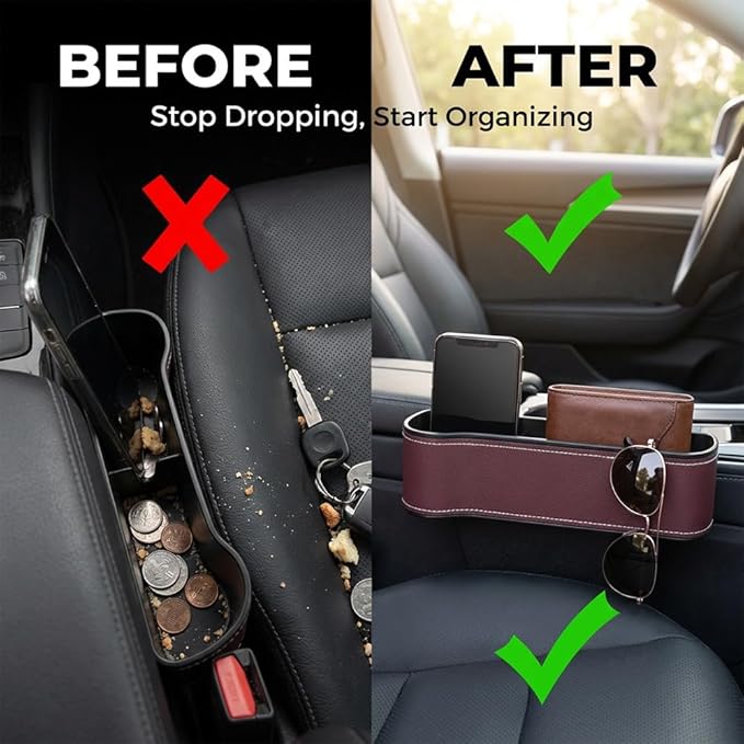 Car Seat Gap Filler Organizer, 2026 New Premium Leather Console Organizer for Holding Phone, Sunglasses, Auto Console Side Storage Box with Cup Holders 2 Seat Hooks for Drink (Beige, Driver's Seat)