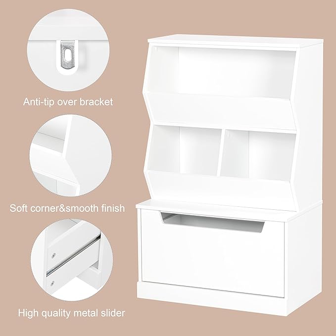UTEX Kids Toy Storage Organizer, Bookshelf for Kids and Bookcase with Drawer, Children Open Storage Cubby for Bedroom Playroom Nursery White