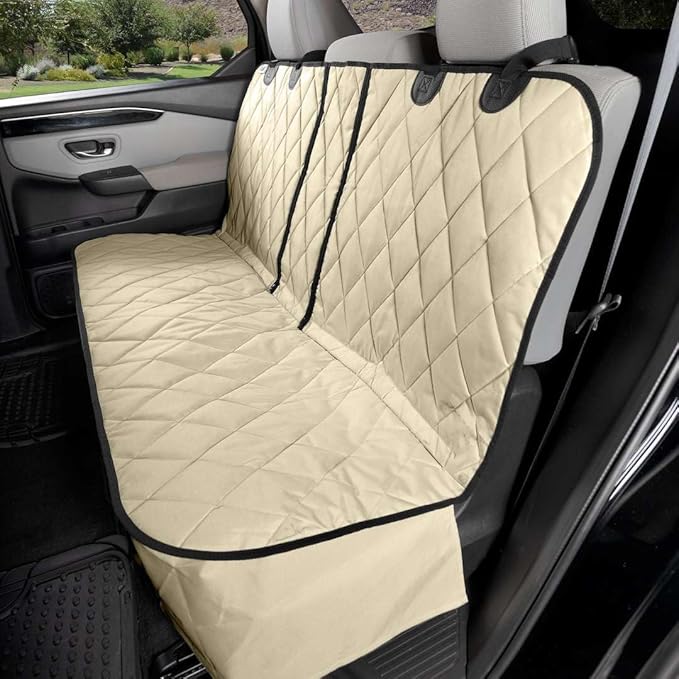 4Knines Dog Seat Cover for Back Seat, Heavy Duty Waterproof Rear Seat Protector for Large Trucks, SUVs, Cars - Fits 60/40 Split Bench with Middle Seat Belt, Non-Slip Backseat Cover (Extra Large, Tan)
