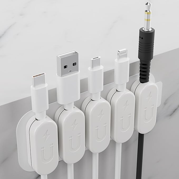 CHARGEWORX Pack of 5 Magnetic Cable Clips, Adhesive Cord Organizer for Desk, Nightstand, Wall or Car, Wire Holder for USB-C, Lightning and Micro-USB Cables