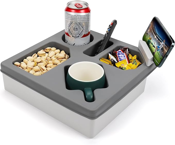 Couch Cup Holder Tray, Silicone Sofa Couch Caddy for Bed Car Seat Beach Organizer, Waterproof Cup Holder with Phone Stand for TV Remote, Snacks, Drinks, Cellphone (Grey)