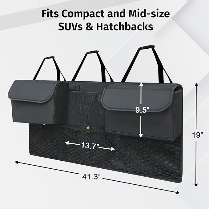 Deluxe Trunk Organizer for Car Small SUV, Backseat Hanging Trunk Organizer, Waterproof Collapsible Car Storage Bag with 6 Pockets, Reinforced No-Sag Design (Black)