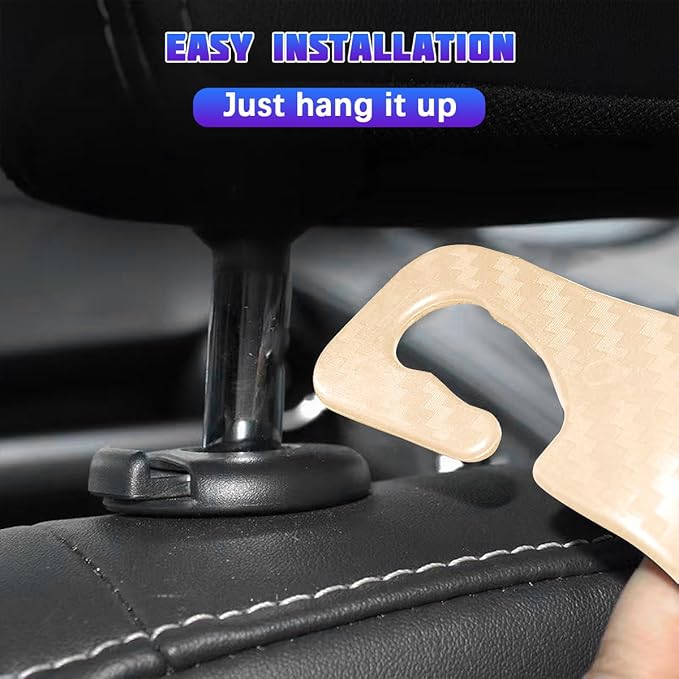 Car Seat Headrest Hooks, 4PCS Carbon Fiber Vehicle Back Seat Storage Hanger Holder for Hangbag Coat Grocery, Automotive Interior Headrest Hook Organizer, Universal for Vehicles (Beige)
