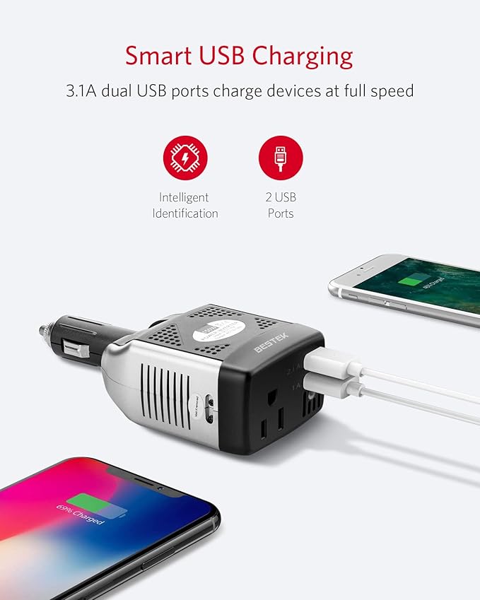 BESTEK 150W Power Inverter 12V to 110V Voltage Converter Car Charger Power Adapter with 3.1A Dual USB Charging Ports, Rotatable Plug & Safety Protection for Road Trip, Camping, Laptop