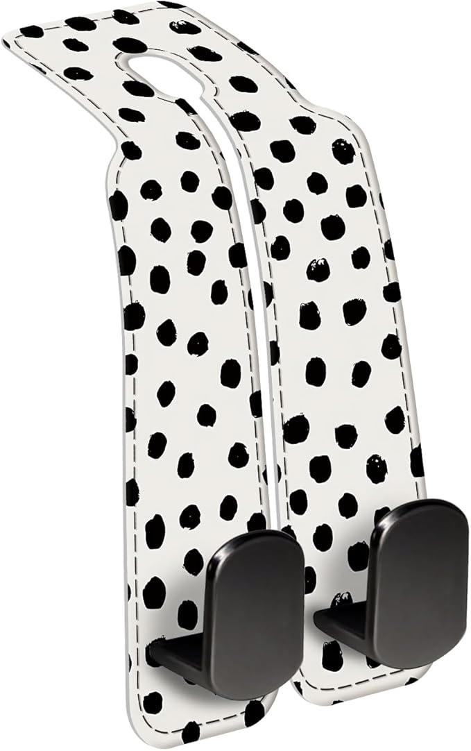 Car Seat Back Storage Headrest Hook, Premium Leather Double Metal Hook, Hanger Storage Organizer for Purse Cloth Bag, Car Interior Accessories Black White Polka Dots