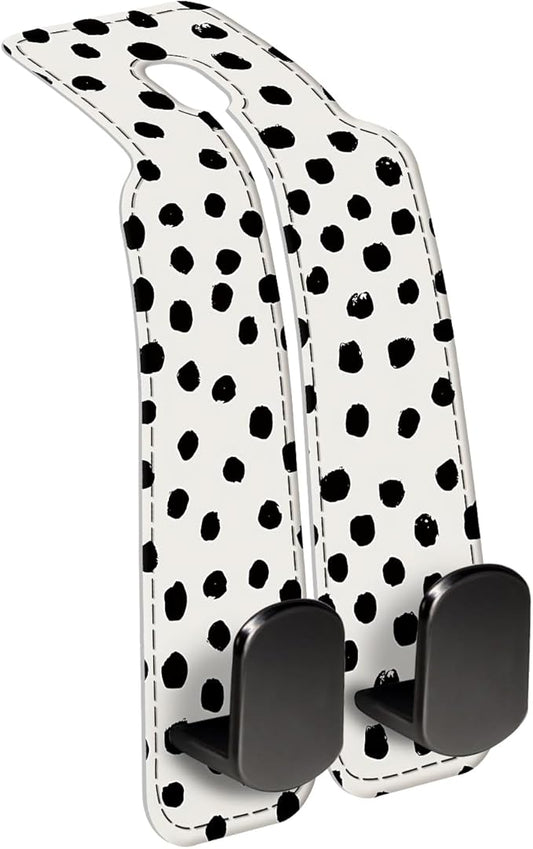 Car Seat Back Storage Headrest Hook, Premium Leather Double Metal Hook, Hanger Storage Organizer for Purse Cloth Bag, Car Interior Accessories Black White Polka Dots