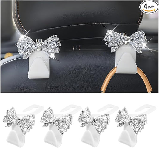 Zpana Bling Car Headreat Hook, 2PCS Crystal Rhinestone Cute Bow Vehicle Seat Back Hanger Storage for Purses Bags Grocery, Diamond Auto Rear Seat Organizer, Universal for SUV Truck Sedan (Pink)