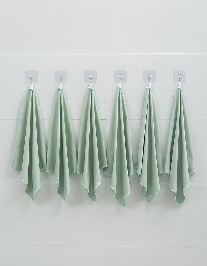 Puomue 6 Pack Microfiber Glass Cleaning Cloth, 16 Inch X 16 Inch, Lint Free Quickly Clean Window, Glasses, Windshields, Mirrors, and Stainless Steel, Green