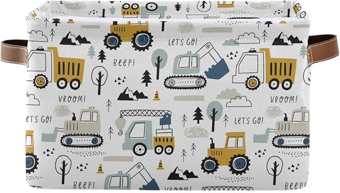 Wamika Excavator Truck Storage Basket Fabric Kitchen Baskets Cars Boys Open Home Storage Bins Boxes Foldable Organizer Bag for Baby Cloth Book Shelf Closet Baskets 16×12×8 Inches