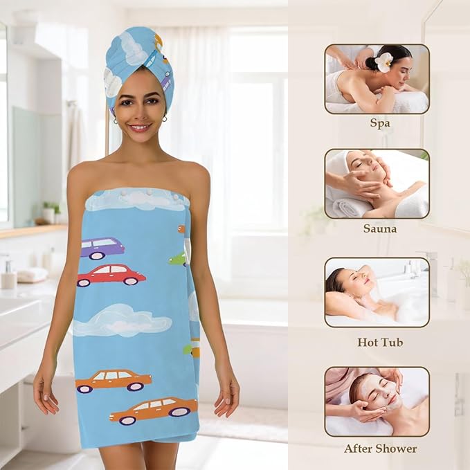 Women Bath Wrap Hair Towel Drying Cap Set Cute Cartoon Cars Clauds Soft Absorbent Bathrobe Shower Wraps with Adjustable Closure Spa Bath Robe