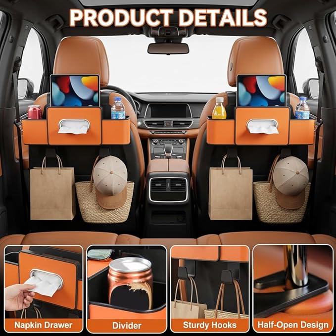 3-in-1 Backseat Car Organizer with Dual Cup Holders,Tissue Box & Phone Holder, 2026 Upgraded Car Seat Back Storage Box,Multifunctional Waterproof Storage for Daily Driving & Travel,Orange