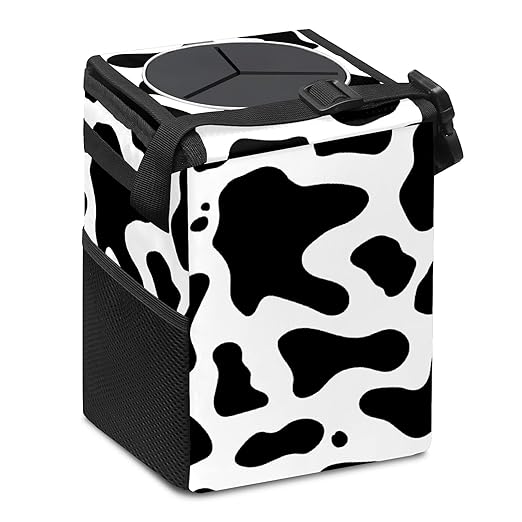 Western Black White Cow Print Car Trash Can with Lid Collapsible Reusable Waterproof Car Garage Bag,Automotive Garbage Can,Car Accessories Interior Car Organizer