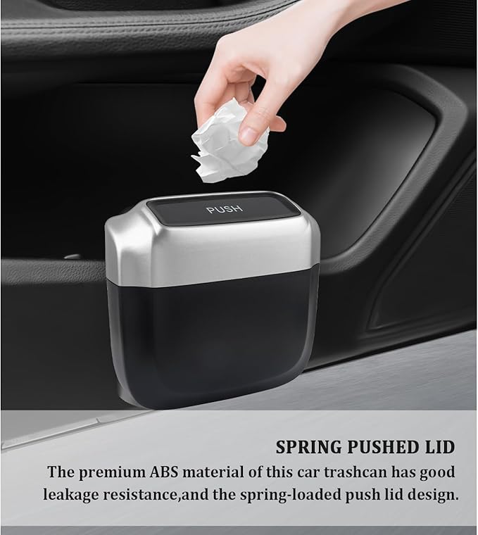 IHOTDER 2PCS Car Trash Can with Lid + 60PCS Garbage Bag,Mini Trash Can Car Interior Accessories with Capacity 700ml,Multifunctional CCar Organizers and Storage(Silver)