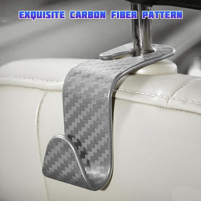 Car Seat Headrest Hooks, 4PCS Carbon Fiber Vehicle Back Seat Storage Hanger Holder for Hangbag Coat Grocery, Automotive Interior Headrest Hook Organizer, Universal for Vehicles (Gray)