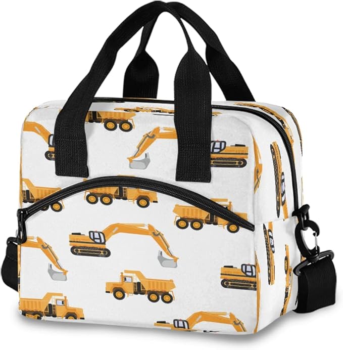 Lunch Bag for Kids Industrial Car Excavator and Trucks on White Insulated Cooler Lunch Box Large Capacity Lunch Organizer for Boys Girls