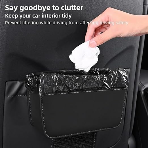 Car Leather Trash Can for Seat Back, Hanging Garbage Bin, Waterproof Foldable Stroage Organizer for Car, Multipurpose Interior Accessories for SUV Truck RV Camping (Black Chair Back Clip)