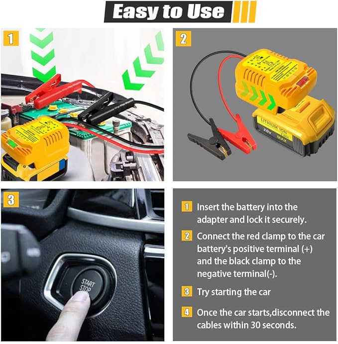 Jump Starter Adapter for DeWalt 20V MAX Battery, 12V Portable Car Jump Cables, Automotive Booster Cable Adapter, Jump Starting Dead or Weak Batteries, Engine up to 3.5 Liters (NO Battery)