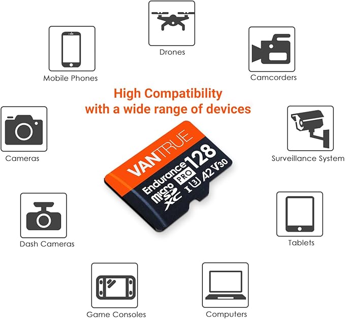 Vantrue 128GB U3 microSDXC UHS-I 4K UHD Video Monitoring Memory Card with Adapter for Dash Cams, Body Cams, Action Camera, Other Surveillance & Security Cams