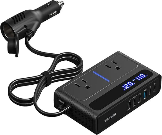 200W Car Power Inverter, TESSAN 12V DC to 110V AC Converter with 2 AC Outlets and 6 USB Ports with 36W USB-C, Car Charger Adapter PD/QC 3.0 Fast Charging, Car-Essentials for Camping, Road Trip, Black