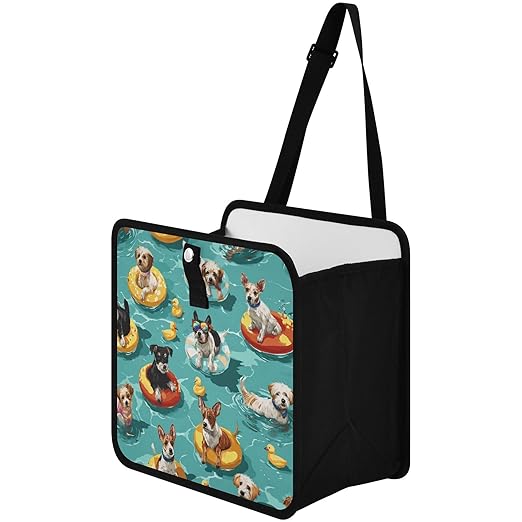 Car Trash Can Organizer Bin with Adjustable Strap for Back Front Seat Console Waterproof Leakproof Collapsible Portable 8.66 Inch Teal Swimming Pool Dogs and Ducks
