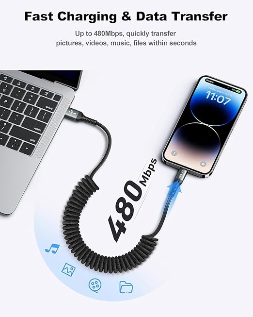 USB to Lightning Cable for Car 6FT, Coiled iPhone Charger Braided USBA to Lightning Cable [Apple MFi Certified] Fast Charging Cord Compatible with iPhone 14 Pro/Pro Max/Plus 13 12 11 8 7, iPad AirPods