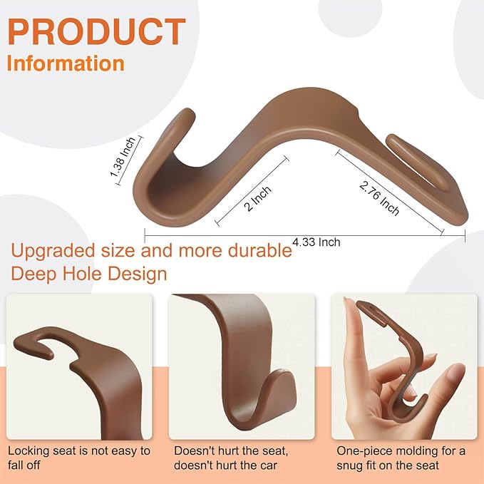 Car Seat Hooks & Purse Holder - 4 Pack Boxed,55 lb Heavy Duty,Eco PP Car Hooks for Purse/Bag/Baby Gear/Gym Bag/Groceries/Cup/,Fits 0.32-0.55”Car Headrest Rods (Brown)