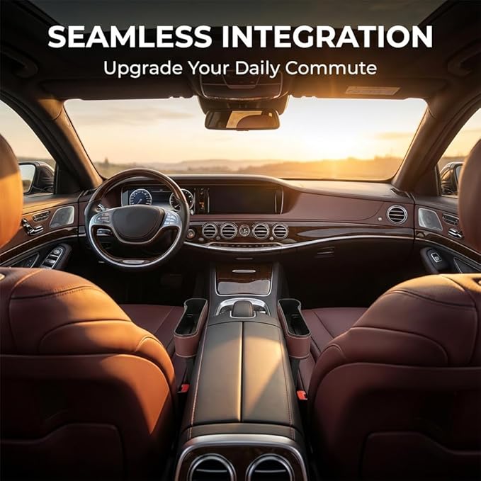 Car Seat Gap Filler Organizer, 2026 New Premium Leather Console Organizer for Holding Phone, Sunglasses, Auto Console Side Storage Box with Cup Holders 2 Seat Hooks for Drink (Beige, Driver's Seat)