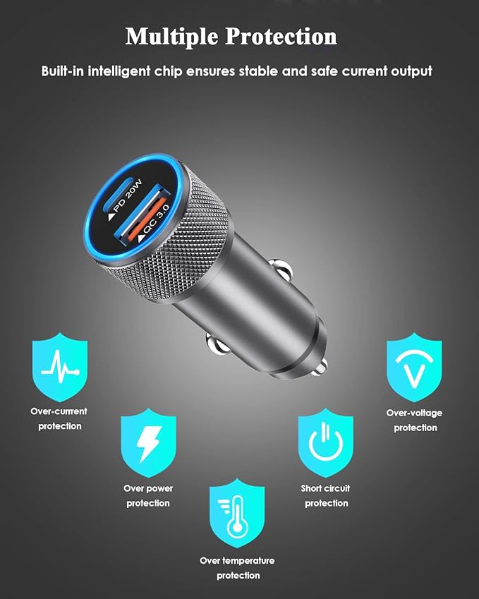 iPhone Car Charger,【2Pack】38W Dual Port USB C+QC3.0 [Apple MFi Certified] Fast Charging Cigarette Lighter iPhone Charger Car Adapter with【2 Pack】Lightning Cable for iPhone 14 13 Pro Max 12 11 X - Grey