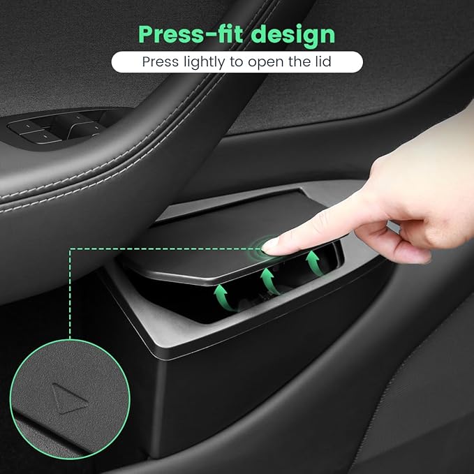 Front Door Storage Organizer Compatible with Tesla Model Y Juniper 2025 2026, 2 PCS Car Trash Can Trash Bin with Push-Open Lid Waterproof Side Door Storage Box - Black